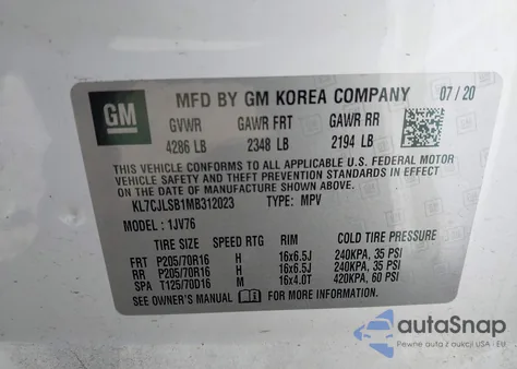 2021 Chevrolet Trax Fwd Lt from USA, damaged, VIN KL7CJLSB1MB312023